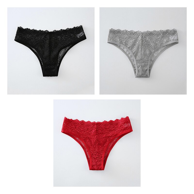 BANNIROU 3pcs Sexy Lace Women&#39;s Panties Sexy Briefs Underwear For Women Female Underpants Solid Mid-Rise Ladies Intimates 2022: black-gray-red / M