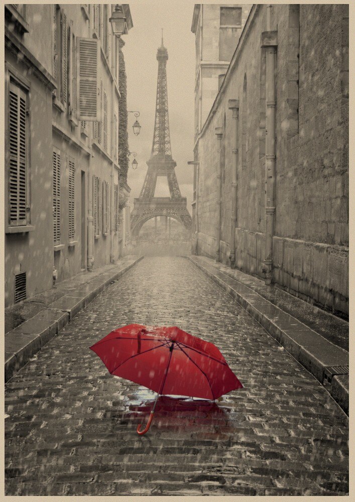 Eiffeltårnet med rød paraply på paris gade plakat kraftpapir vintage plakater væg klistermærke stue bar cafe indretning: 1 / 30 x 21cm 11 x 8 tommer