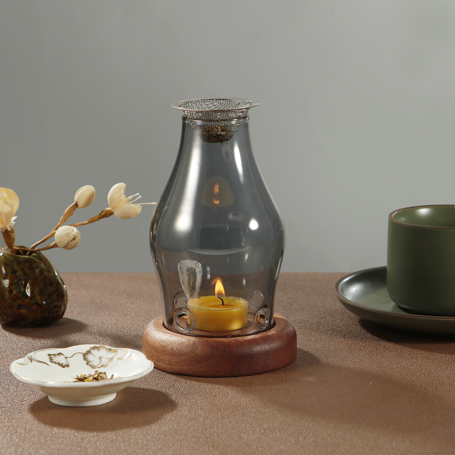 Kerzenhalter aus Glas, Aromatherapie-Heizhalter mit Holzsockel, Aromatherapie-Räuchergefäß für Yoga, SPA, Aromatherapie