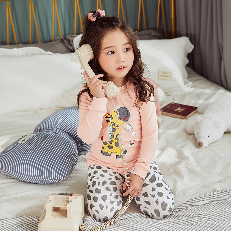 Girls' Printing Cartoon Giraffe Spot Round Neck Long Sleeve Pajamas Children Set Kids Sleepwear Trousers Nightwear Outfit