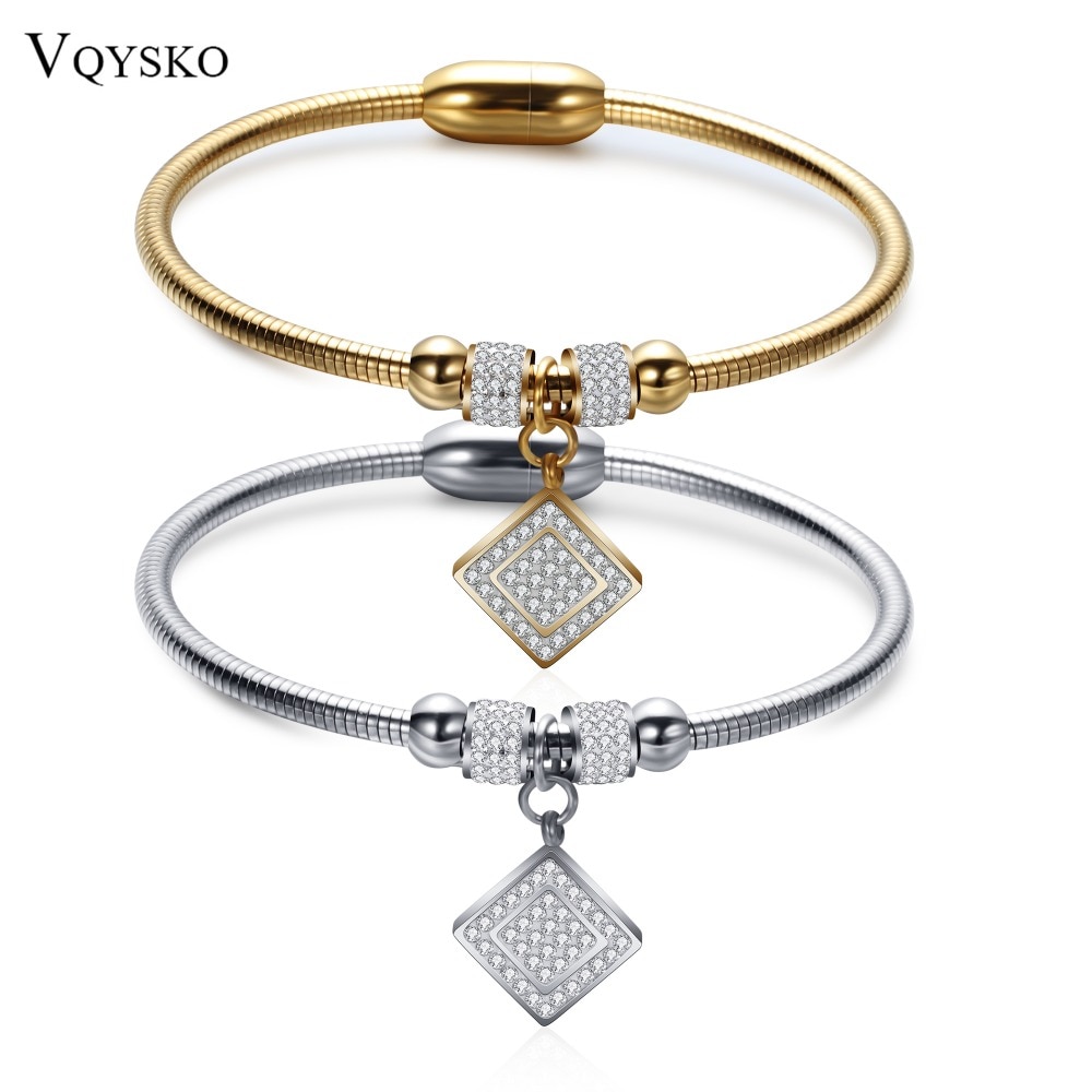 Square Crystal Bracelets Bangles Magnet Clasp With Snake Chain 316L Stainless Steel Wedding Jewelry Bangle for Women