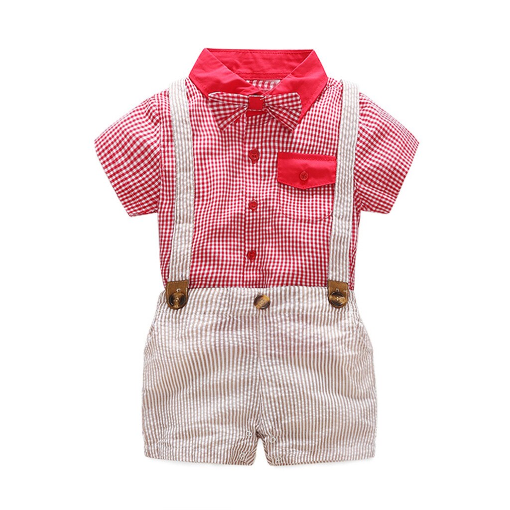 cool Baby Baby Jongen Gentleman Pak Plaid Strik Overhemd Bretels Shorts Outfit Set