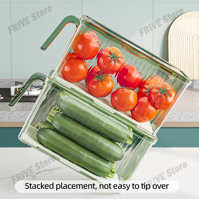 Caja de almacenamiento para refrigerador con mango de gran capacidad, cajas de almacenamiento transparentes apilables con tapas, caja de almacenamiento de frutas y verduras