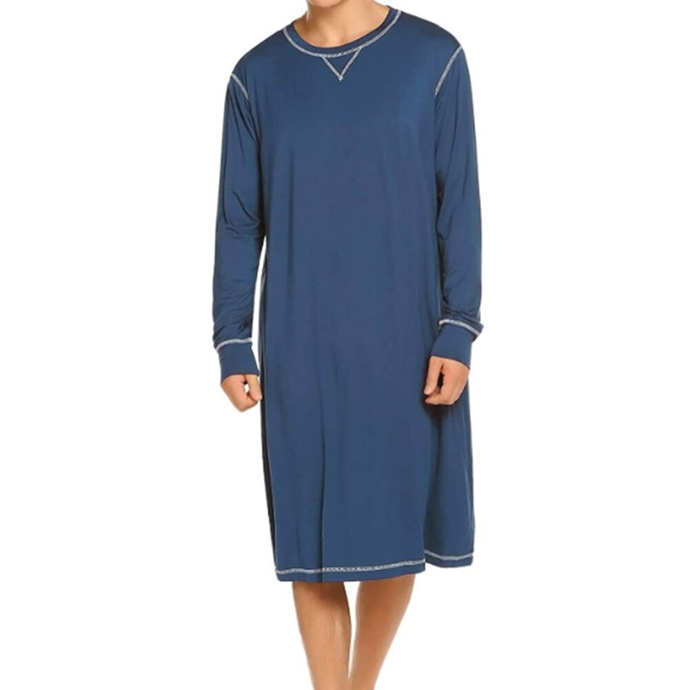 Pyjama de couleur unie pour hommes, vêtements de nuit à manches longues et col rond de Style décontracté à la: Bleu / S