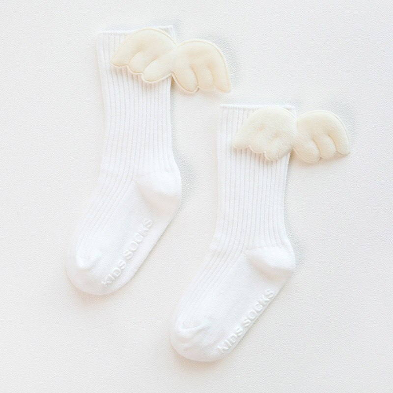 Angel Wings Baby Socks Spring Autumn Cotton Baby Girls Socks Solid Color Anti-Slip Kids Children Middle Tube Sock Sokken 1-3Y: white