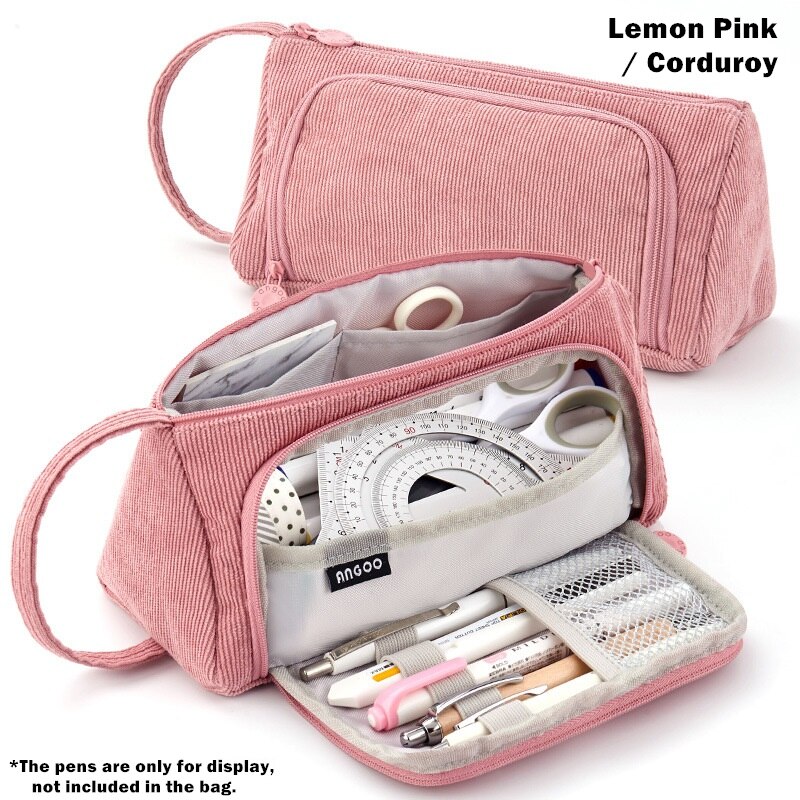 Angoo [Pure] Kleur Etui, Multi Slot Pen Zak, grote Opslag Pouch Organizer Voor Briefpapier Cosmetische Reizen Portemonnee A6443: Pink Corduroy