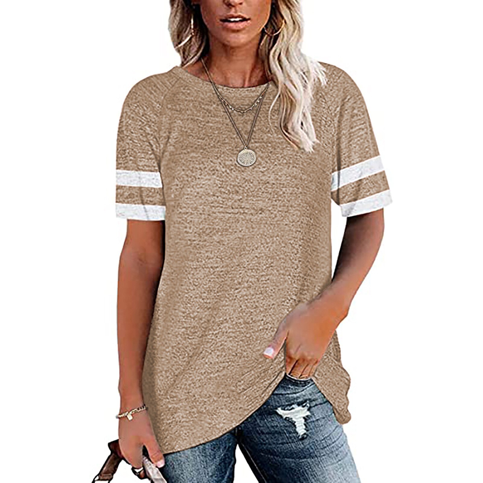 d'été en Europe et en Amérique de hauts manchon d'épissure pure couleur loisirs col rond manches courtes T-shirt