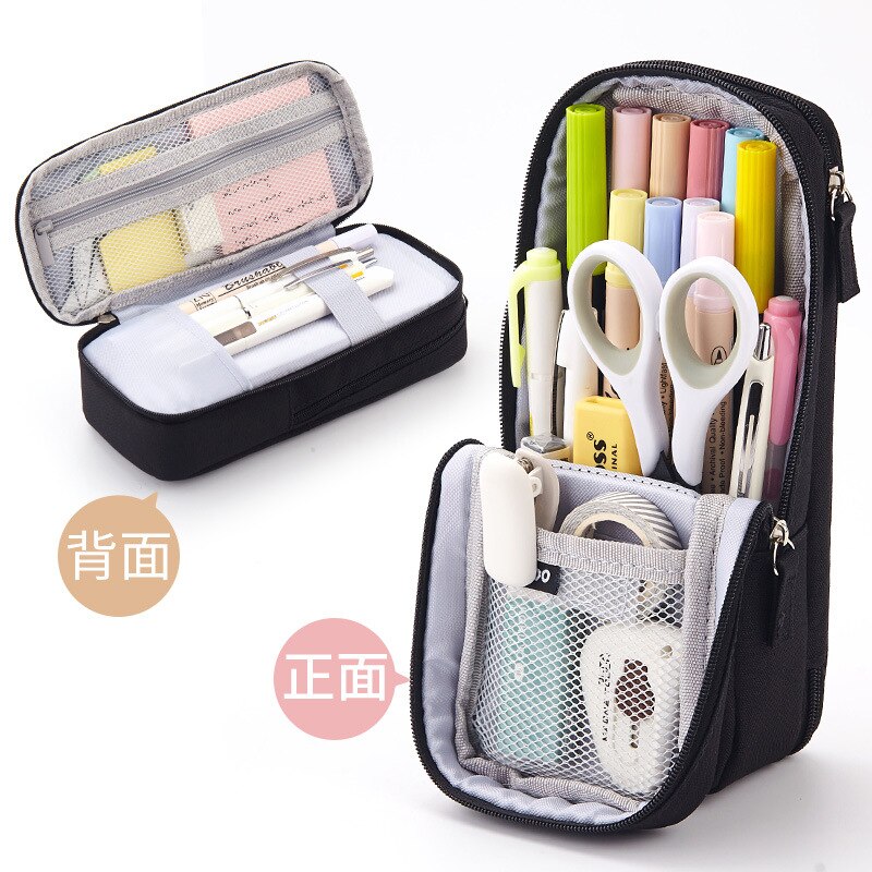 Trousse à stylos coréenne, étui pliable à deux couches, support en tissu pour téléphone, pochette de rangement pour papeterie bureau école: Black
