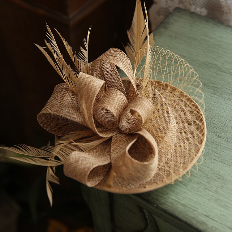 Mingli Tengda Banquet Cambric Headwear Formal Hat Bride Khaki Hats Hairpin Feather Flower Hat Bride Pink Wedding Accessories: khaki