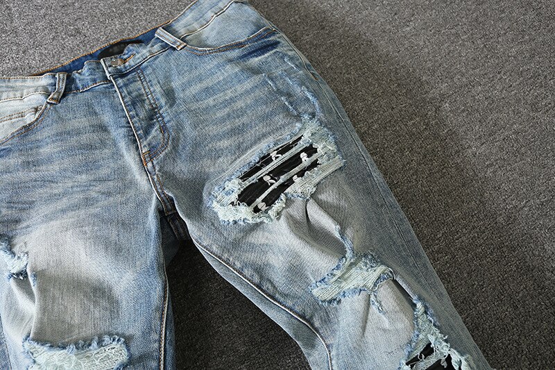 Pantalones vaqueros desgastados para hombre, Jeans desgastados de cuero negro y azul, AM, novedad