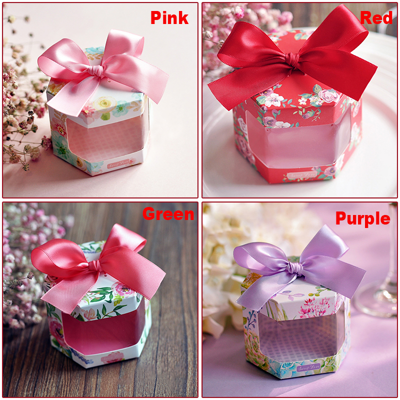 5Pcs Vintage Bloemen Gedrukt Dozen Snoep Hexagon Vorm Dozen Met Strik Lint Wedding Party Candy Chocolade Wikkelen Doos