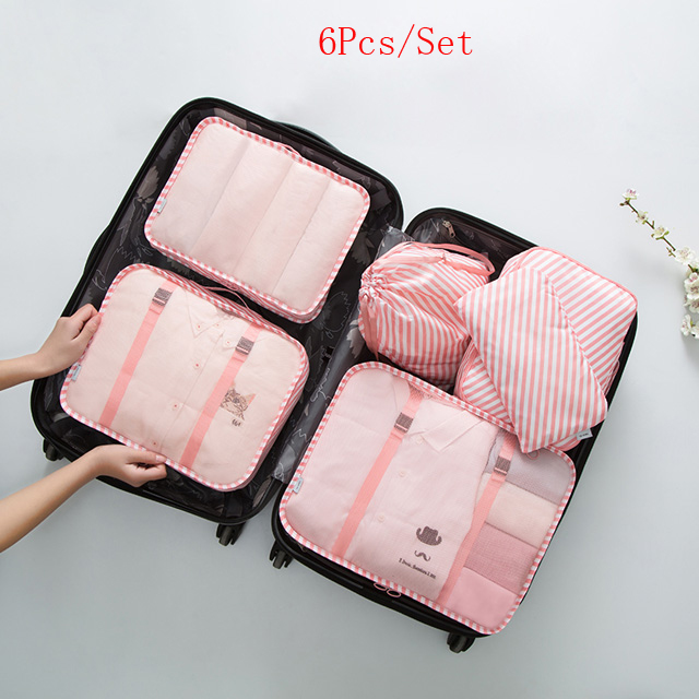 6Pcs/9 Stks/set Reizen Verpakking Cube Ondergoed Bagage Schoenen Kleding Organizer Waterdichte Reistassen Kleding Sorteren Organiseer Bag: 6Pcs-Pink stripes