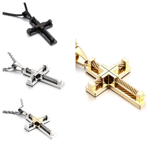 Guld / sort rustfrit stål wire kæde kryds krucifiks vedhæng religioner herre smykker ingen kæde