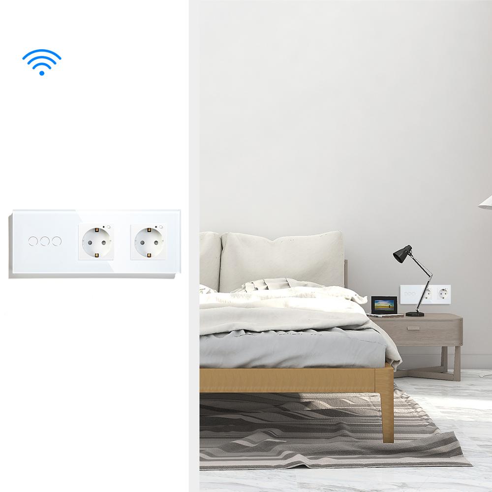 BSEED 3 Gang Smart Light Switch With Double Wall Socket 3 Colors Wall Switch 228mm Crystal Glass Panel Work With Tuya App