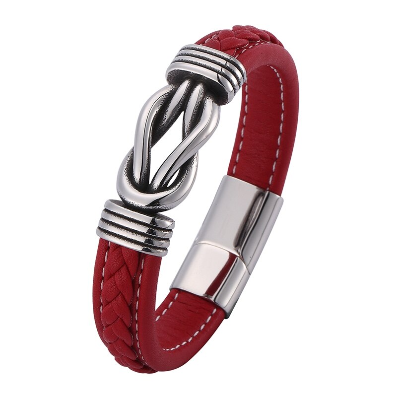Mannen Trendy Sieraden Rood Lederen Armbanden Handgemaakte Rvs Magneet Sluiting Mannelijke Polsbandje Casual Bangles PD0775