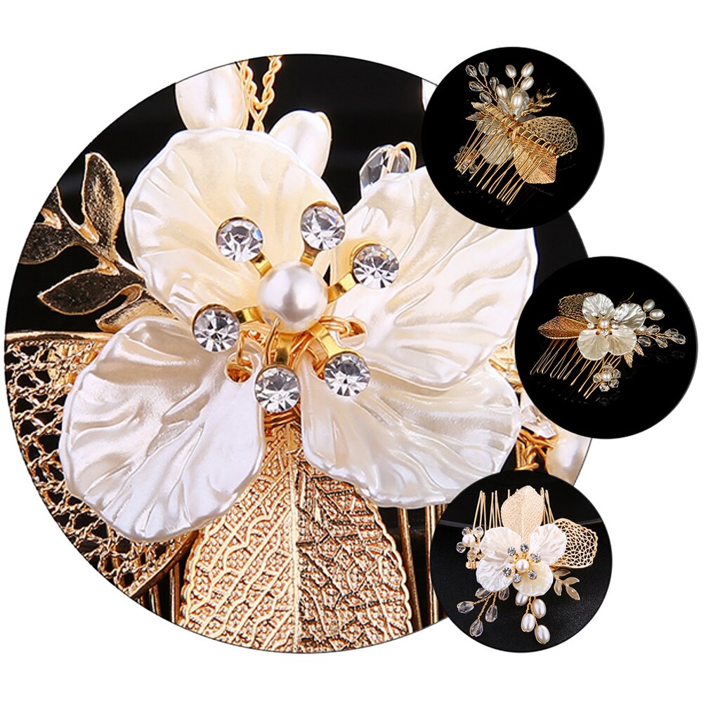 1 Pc Bloem Haar Kam Legering Haar Decor Parel Kant Haar Kam (Golden)