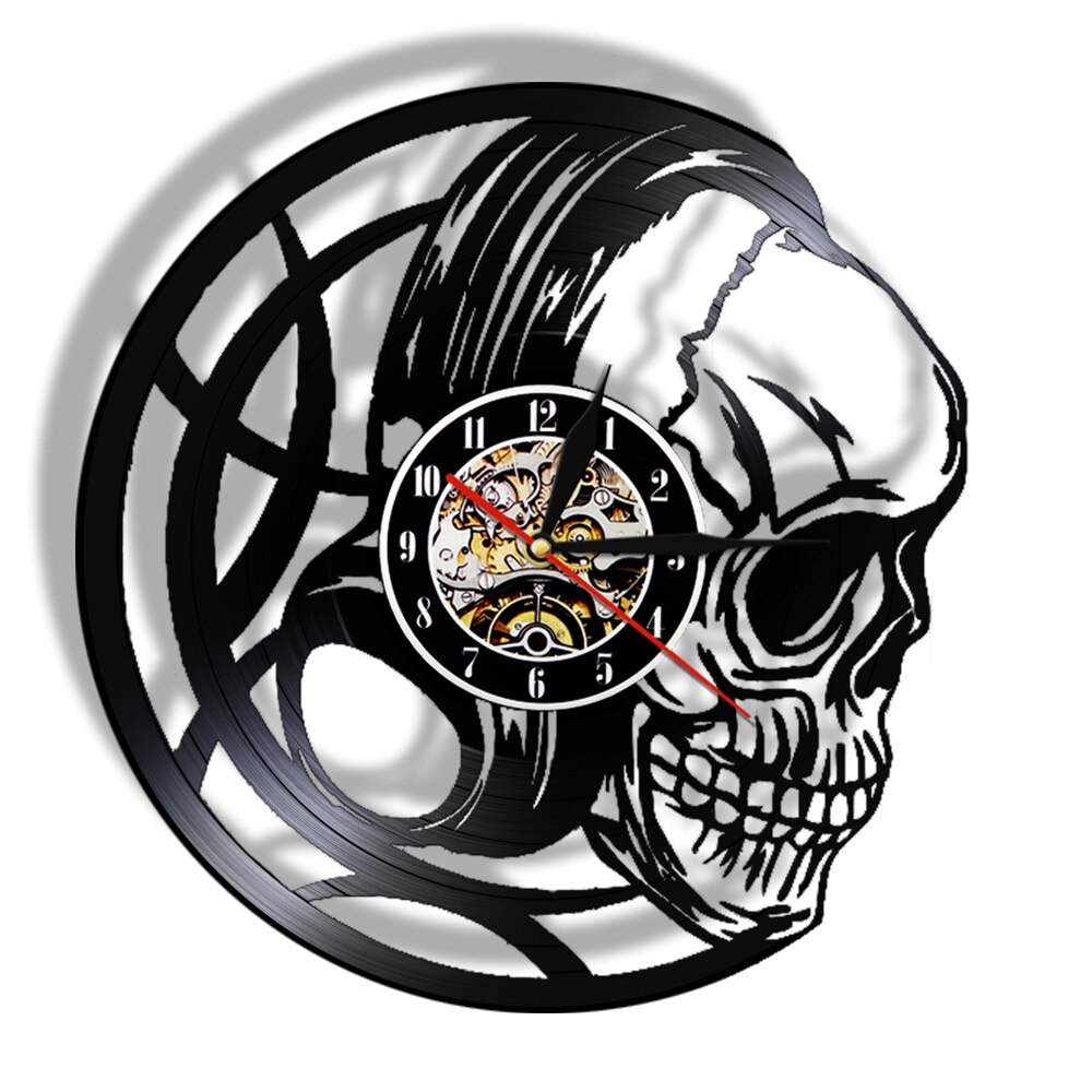 3D Watches Black Skull Head Wall Clock with LED Backlight Evil Skull Headphones 3D Lighted Sign Halloween Decorative