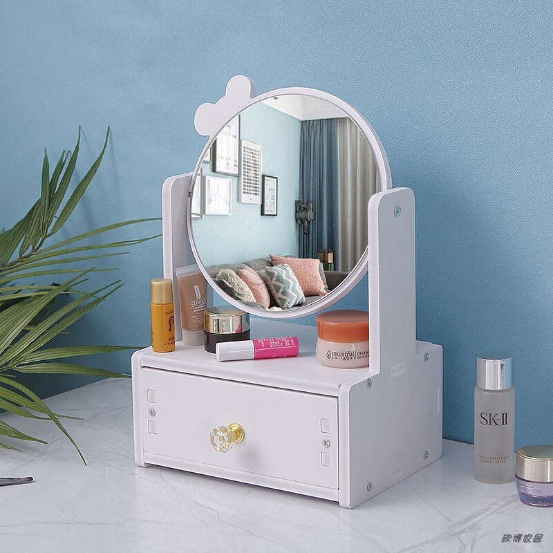 Rotate Wooden Cute Make-up Mirror DIY Assembly Desk Dressing Mirror Women Portable Large Cosmetic Storage Box Shelf WF