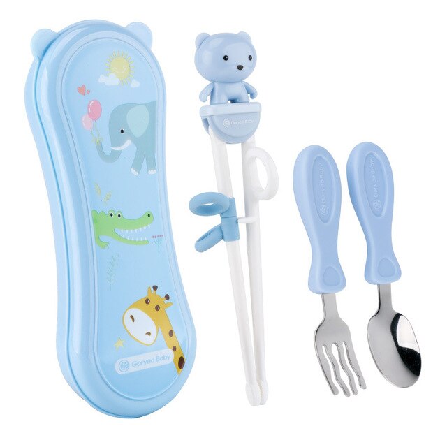 Kids Chopsticks Cartoon Training Children Spoon Fork Set Stainless Steel Kids Eating Utensils Toddler Baby Flatware Accessories: 4 pieces blue bear