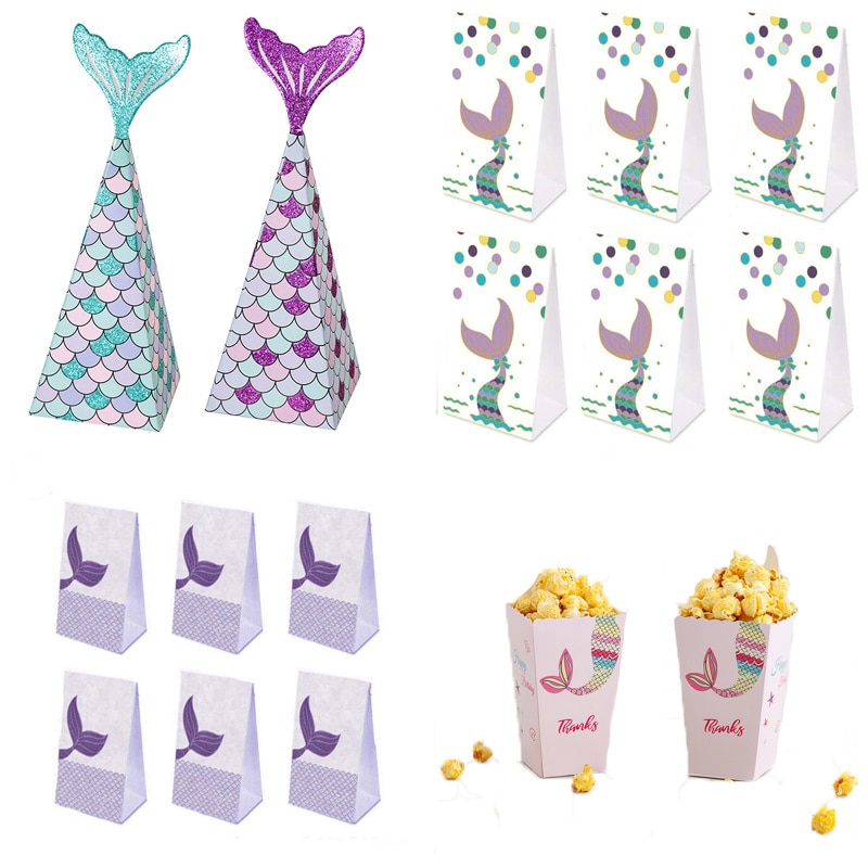 Mermaid Tail Candy Box Paper Candy Bags Popcorn Boxes Mermaid Theme Party Decorations Kids Birthday Baby Shower Party Supplies