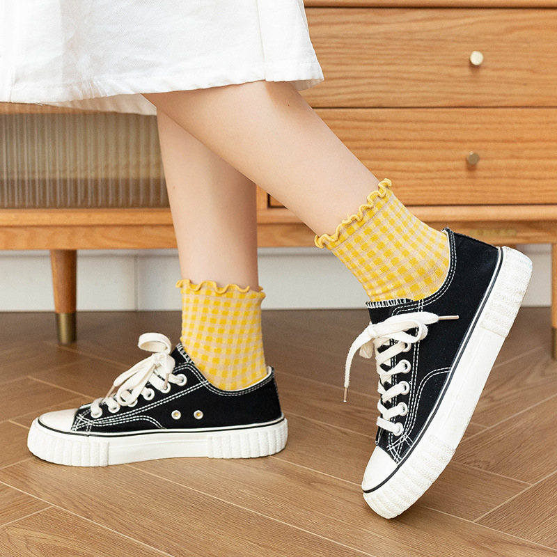 Calcetines de mujer de otoño a cuadros Retro Vintage calcetines de algodón equipo cómodo Color calcetín elástico a cuadros calcetines cortos Mujer Sox