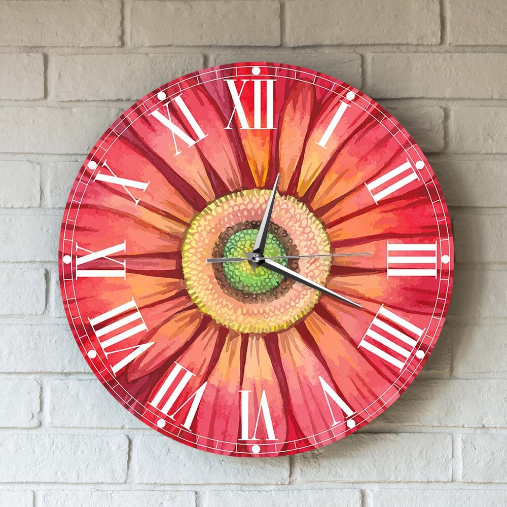 Red Watercolour Gerbera Daisy Paints Large Wall Clock Watch Sunflower Floral Pattern Horologe Living Room Decoration Mute Clocks