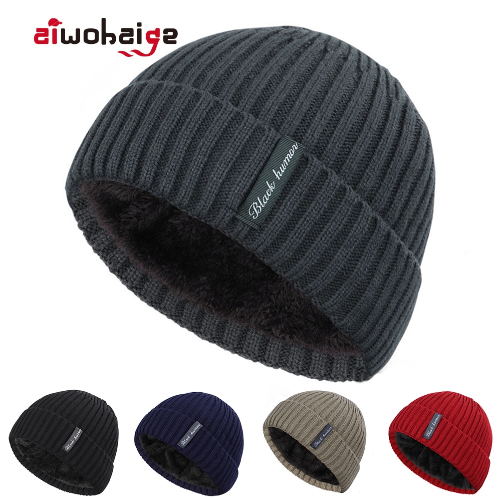 Winter Plus Velvet Thick Warm Knit Hat Women Men Solid Color Casual Beanies Soft Cap Bonnet Cotton