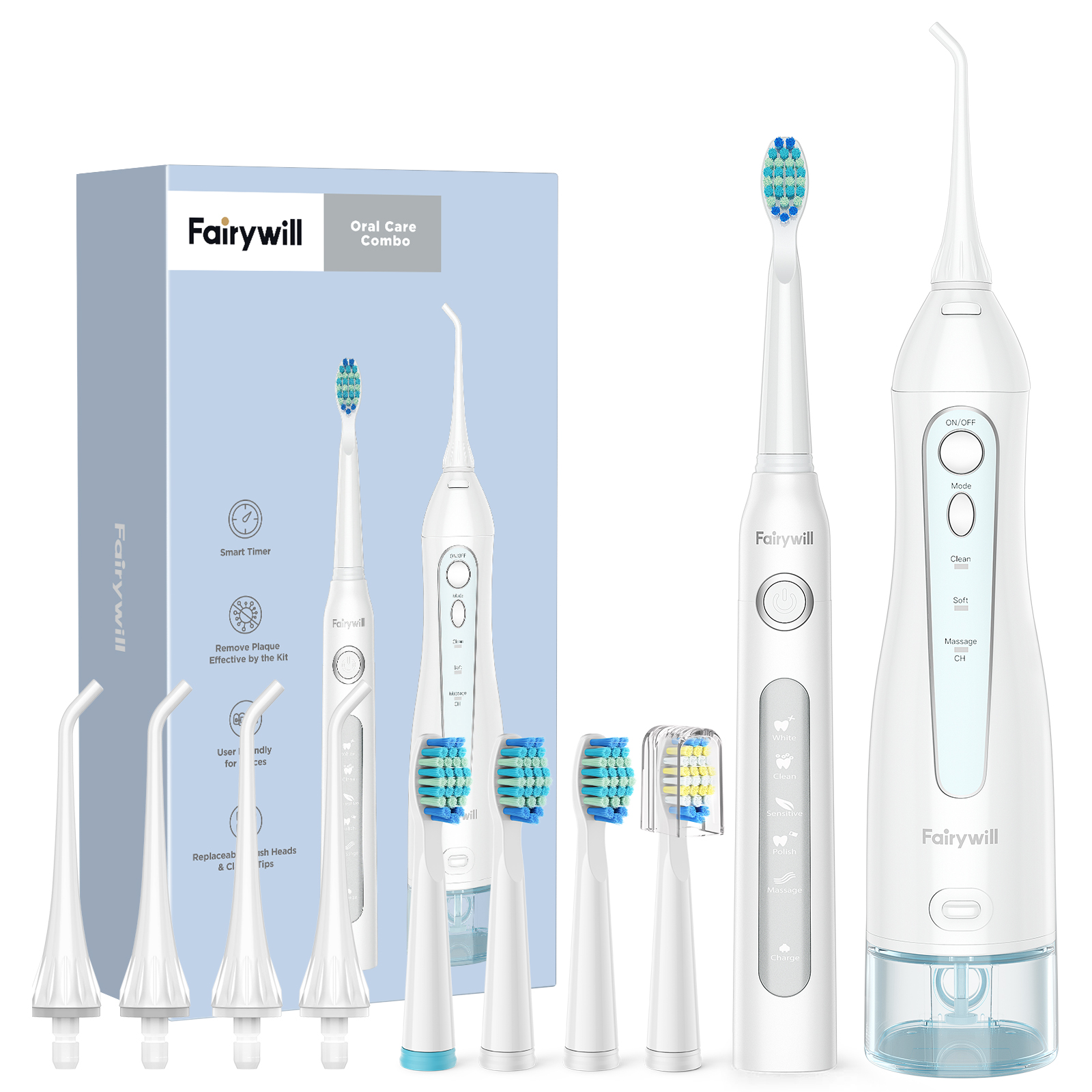 Fairywill Elektrische Schall- Zahnbürste &Ampere; Wasser Flosser USB Ladung Wasserdichte 5 Modi 3 Pinsel Köpfe Zahnbürsten Zähne Reiniger: 5020E-W-507Weiß