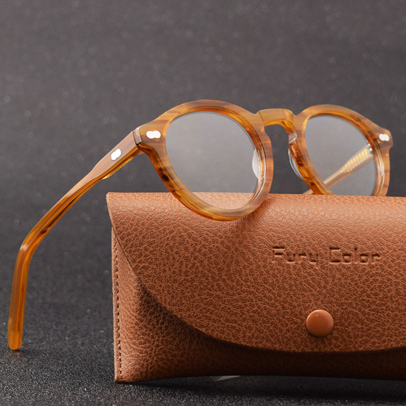 Retro Round Small Acetate frame optical eyeglasses frame clear lens glasses frame women men myopia spectacles prescription frame: flaxen
