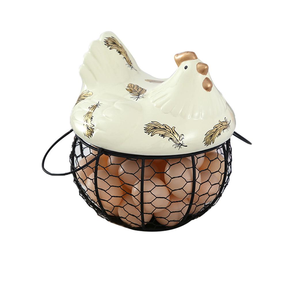 Metal Wire Egg Storage Basket With Ceramic Chicken Durable Large Capacity Top Handles Fruit Snacks Organizer Kitchen Decoration: 01