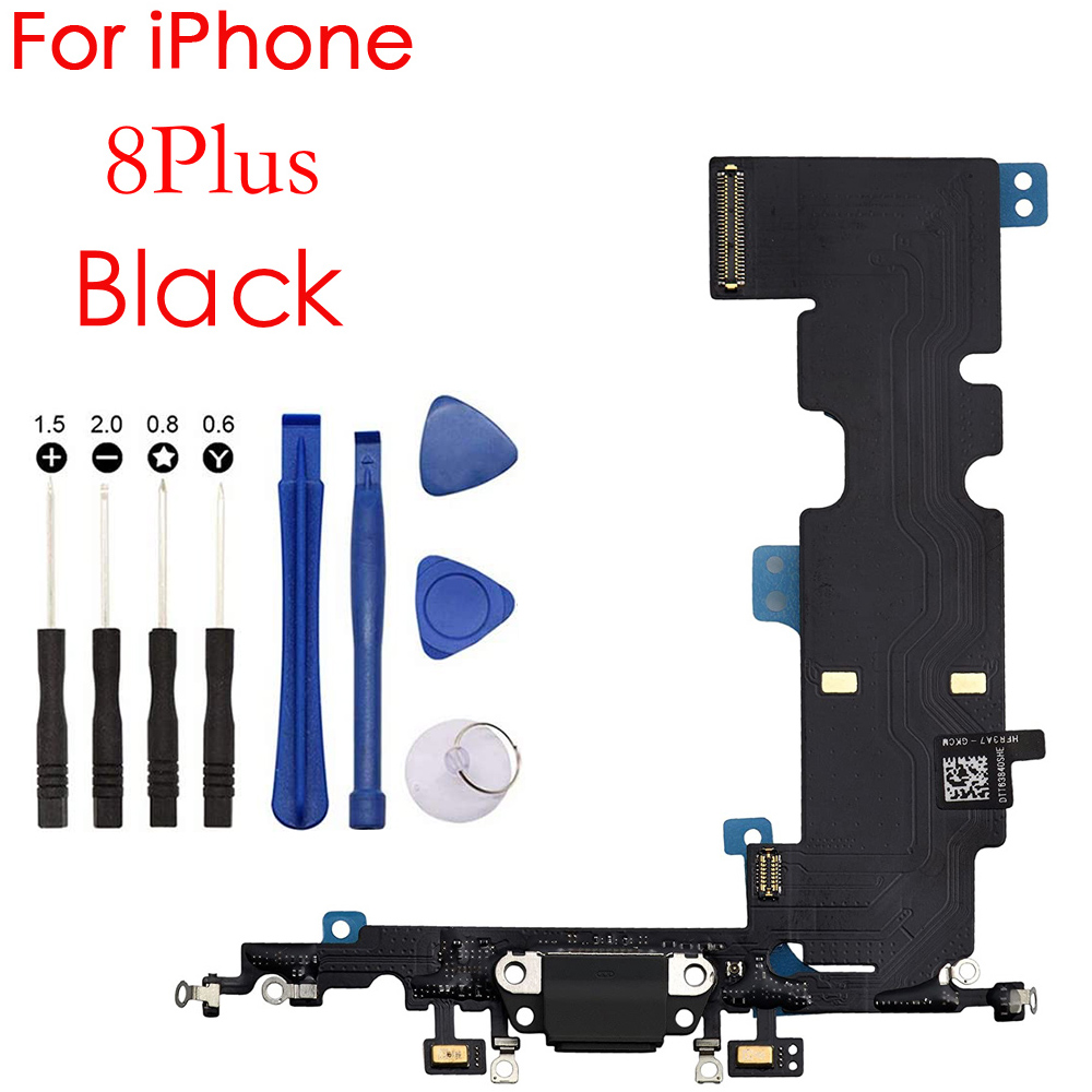 Charging Port USB Dock Connector Flex Cable Assembly Replacement With Screwdriver Repair Tool Kit For iPhone 7 7Plus 8G 8 Plus: 8Plus Black
