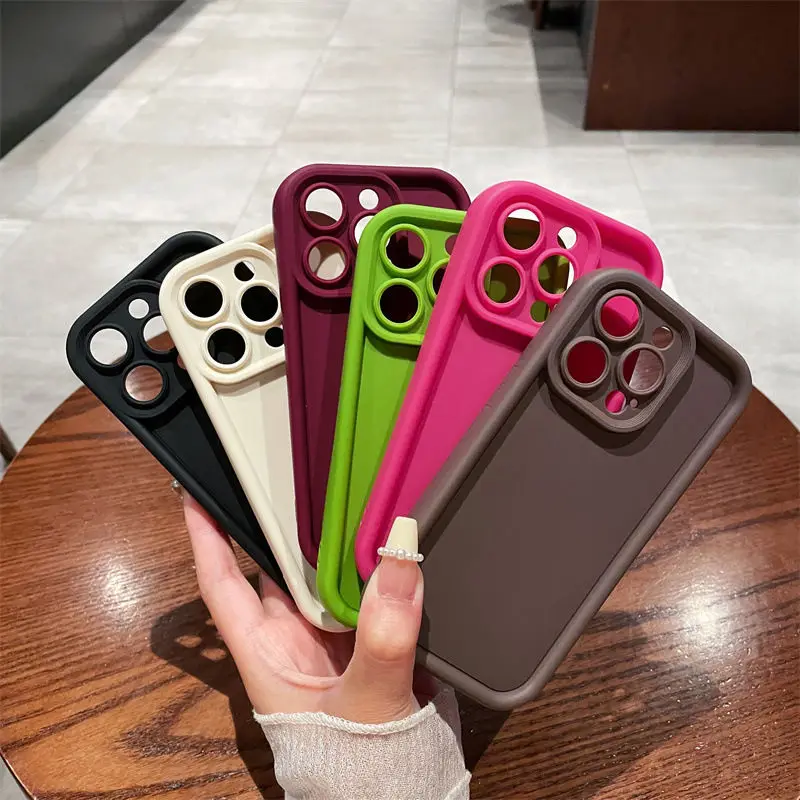 Funda de teléfono de silicona suave de Color sólido para iPhone 11 12 13 14 15 Pro Max XS X XR 7 8 15 6 Plus SE2020 cubierta protectora de lente de cámara