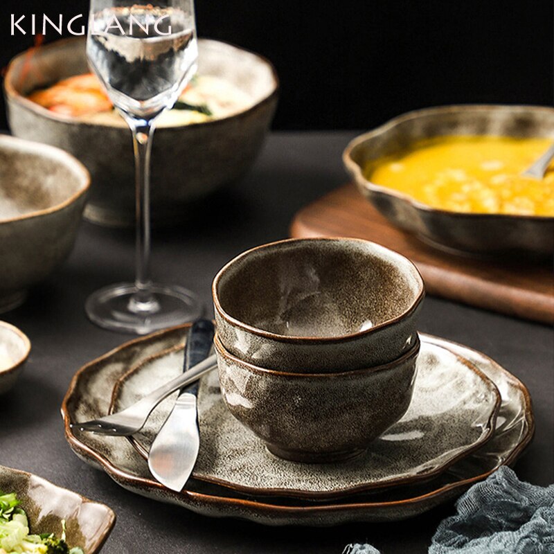 Kinglang Japanse Stijl Retro Rijstkom Keramische Diner Plaat Enkele Servies Salade Voedsel Schotel Grote Ramen Soepkom