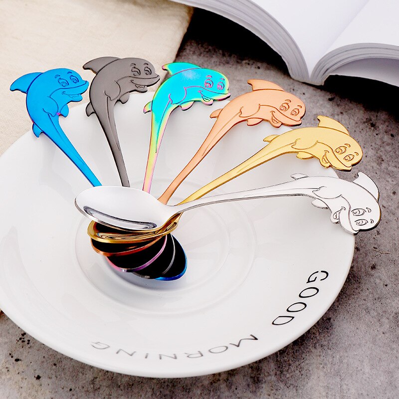 Cute cartoon colorful stainless steel spoon children cartoon dolphin spoon Dessert coffee milk tea small spoon