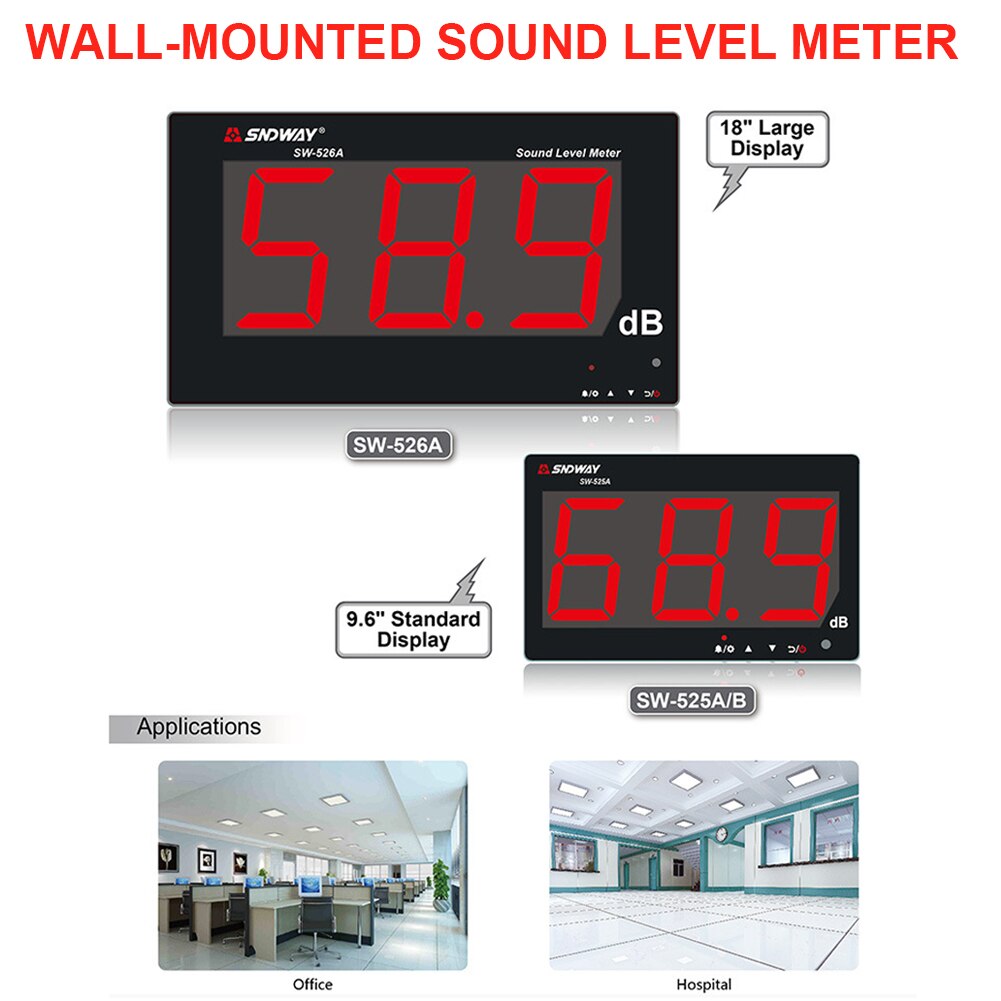 SW-525A Sound Level Meter Tester 30-130db Groot Lcd-scherm Muur Opknoping Soort Ruis Decibel Meten Tester Alarm