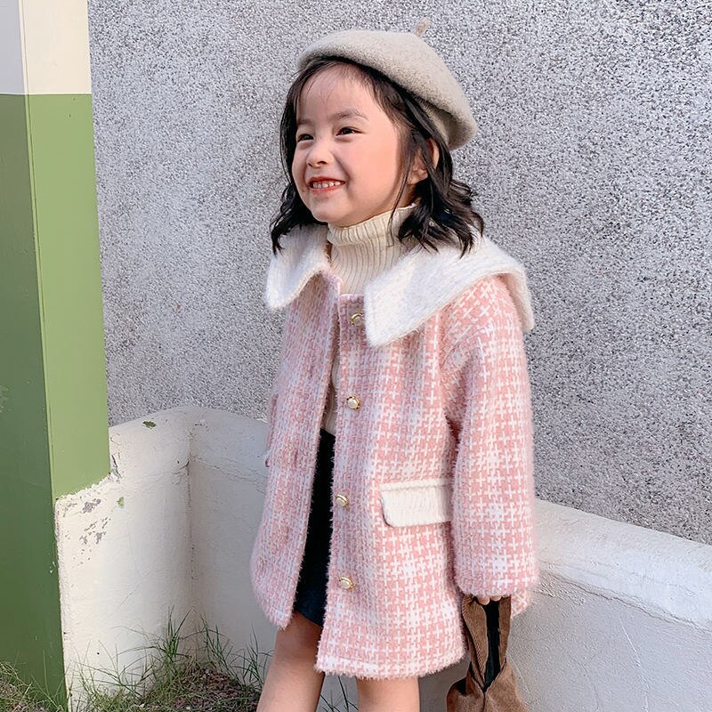 Winter koreaanse kinderkleding babymeisjes omslagkraag enkelrijs geruite prinses wollen jas 2-8 jaar kinderjas