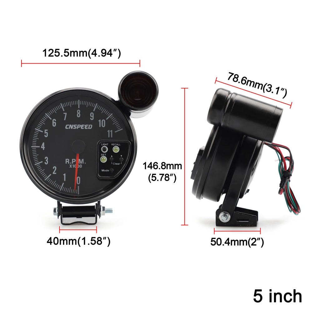 Tacómetro de 5 pulgadas para coches de carreras, tacómetro de 11000k con luz de cambio, retroiluminación de 7 colores, 12v para vehículos con motor de 4 / 6 / 8 cilindros