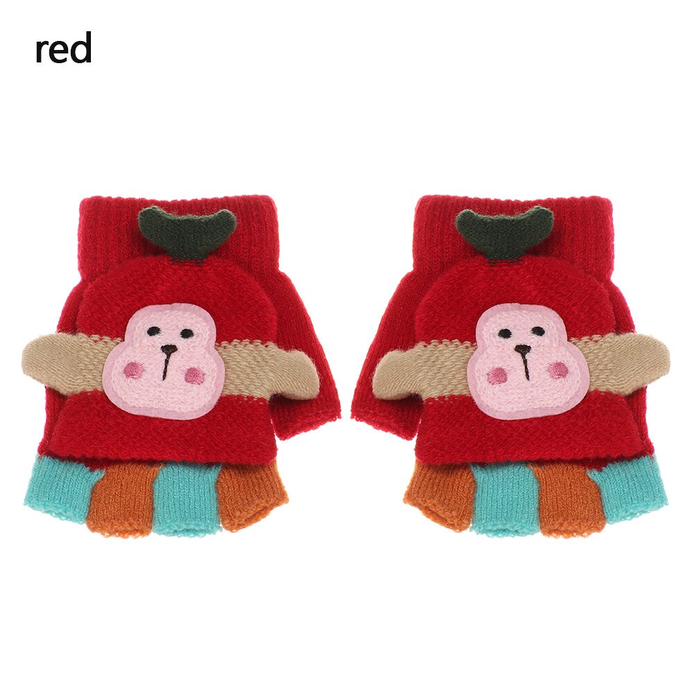 1 par bonito dos desenhos animados crianças luvas de malha meninos meninas inverno quente metade dedo flip superior luvas sem dedos para 3-8 anos de idade: red