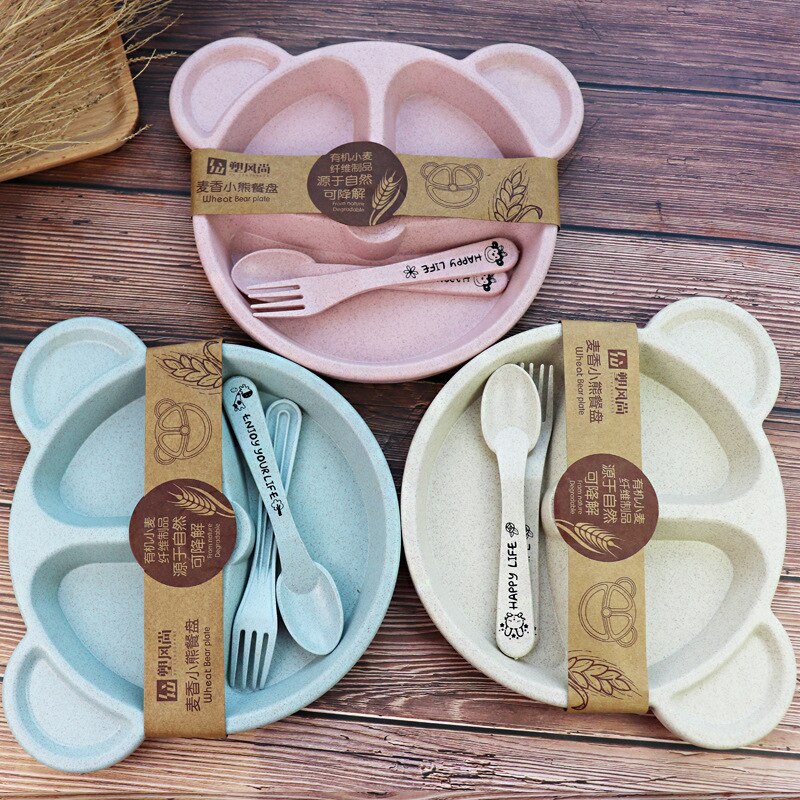 Baby Bowl Spoon Fork Feeding Food Anti Wheat Straw Training Tableware Set Cartoon Bear Kids Dishes Eating Dinnerware