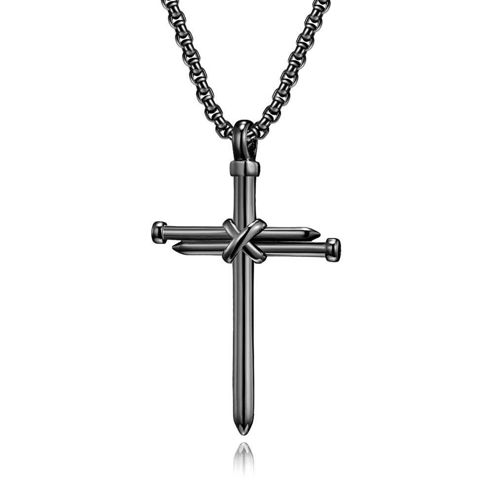 Collier pendentif croix à ongles pour hommes, boîte à bijoux chrétien à la , chaîne en acier inoxydable, couleur or noir