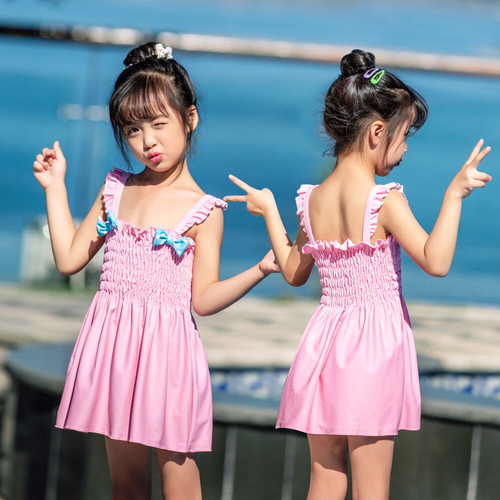 Meisjes Kids Badmode Een Stuk Shirred Badpak Zwemmen Skirted Beachwear met Strik Roze