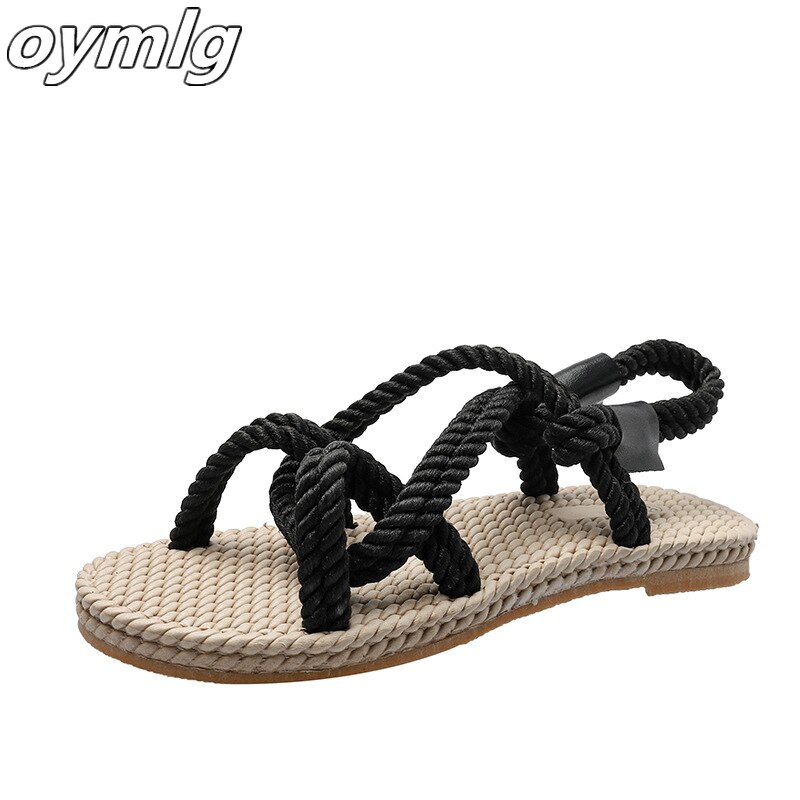 Dam sandaler hampa rep lägenheter kvinnliga slip on beach skor andas bekväm kors slips damsko