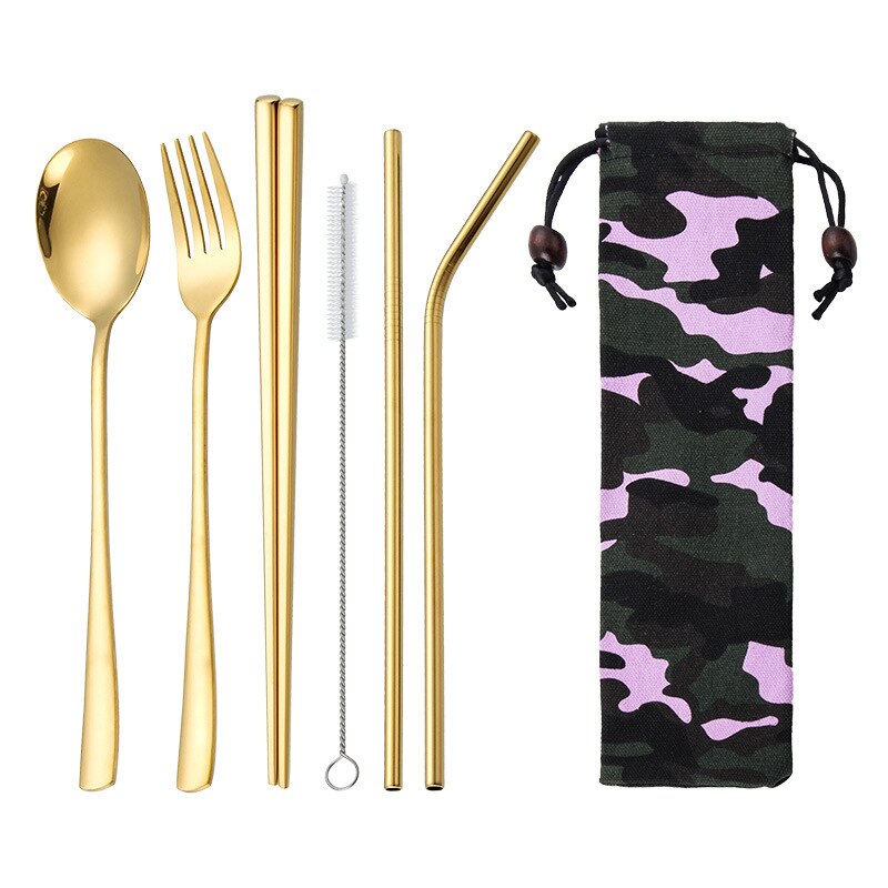 Portable Travel Stainless Steel Utensils Cutlery Set with Spoon,Fork,Chopsticks,Straw 6pcs: gold 6pcs