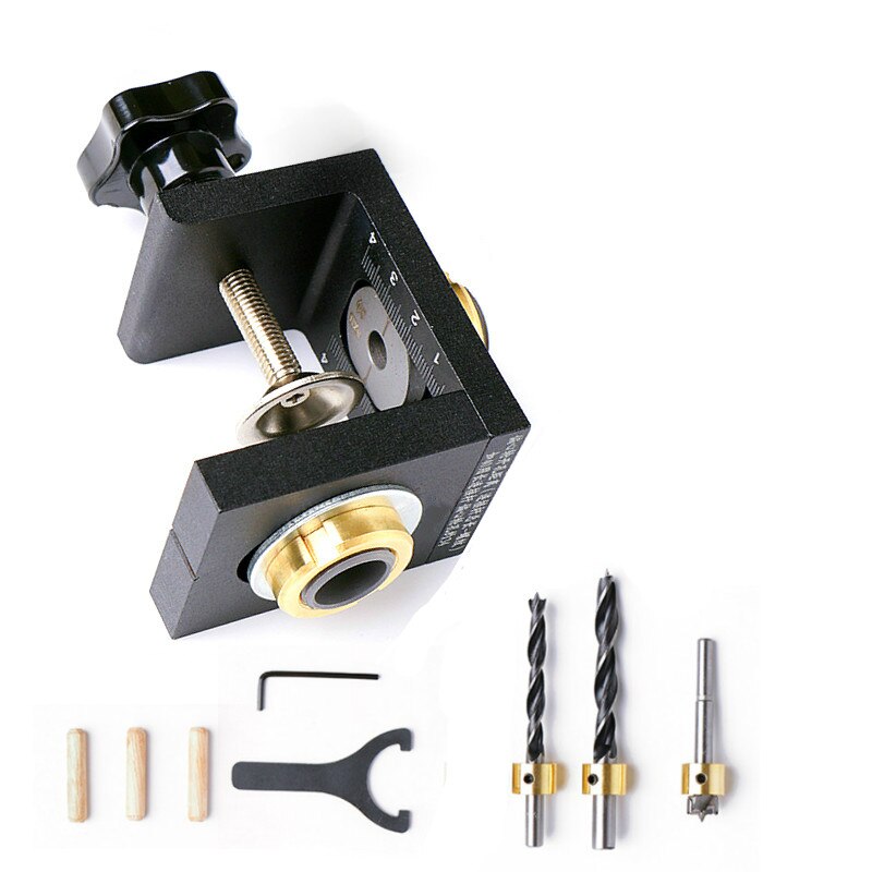 Træbearbejdning bore guide dyvel hul bore guide jig bore locator kit tømrer positioneringsværktøj m/ trinborebits: Indstil en
