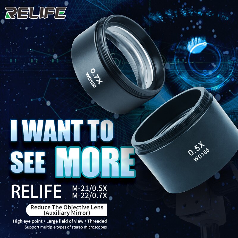 RELIFE 0.5X 0.7X Trinocular microscopio estéreo auxiliar lente objetivo de la lente de cristal para piezas para microscopios accesorio lente Barlow