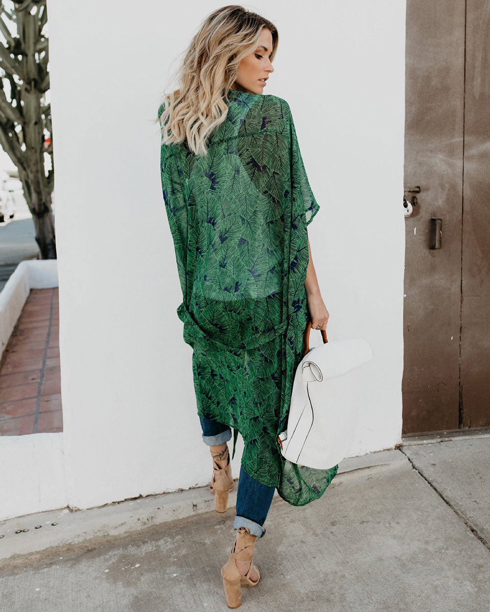 Vrouwen Chiffon Mode Lange Mouwen Beach Vest Jurk Dames Losse Cover Up Blad Patroon Tie Wrap Beachwear Lange Jurk