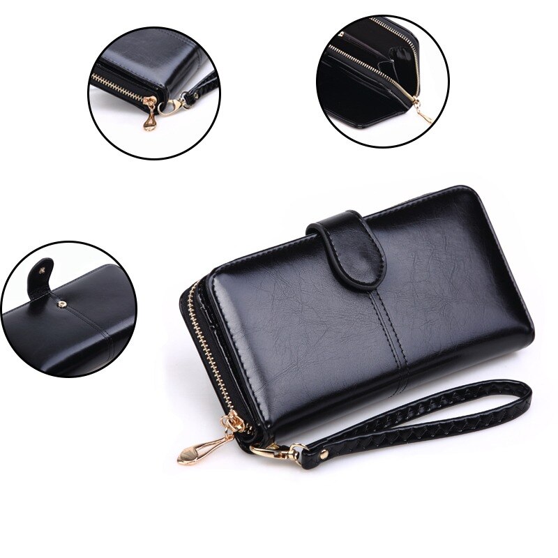 Leather Women Long Zipper Oil Wax Wallet Big Capacity Hasp Zipper Purse Ladies Long Wristlet Clutch Coin Card Holders Portomonee