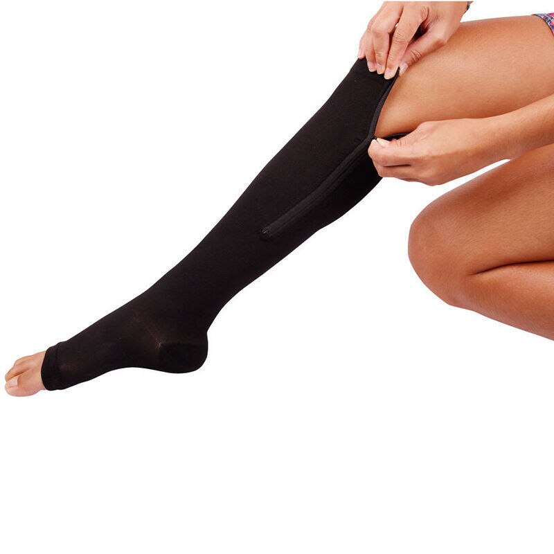 Dragkedja kompressionsstrumpor herr & dam tryck nylon dragkedja knä strumpor unisex benstöd stretch tryck öppen tå långa strumpor
