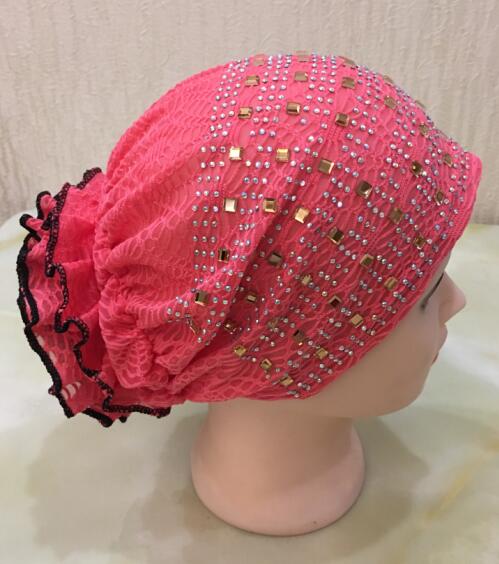 H021 chapeaux musulmans de avec strass, écharpe islamique avec fleur au dos, hijab: watermelon red