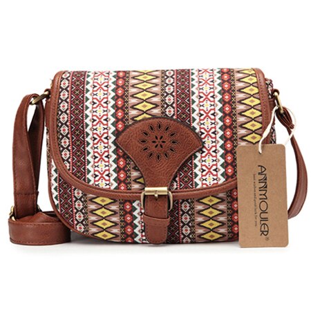 Annmouler brand kvinder skuldertaske vintage udhulet crossbody taske pu læder lille taske boheme stil messenger tasker: Brun